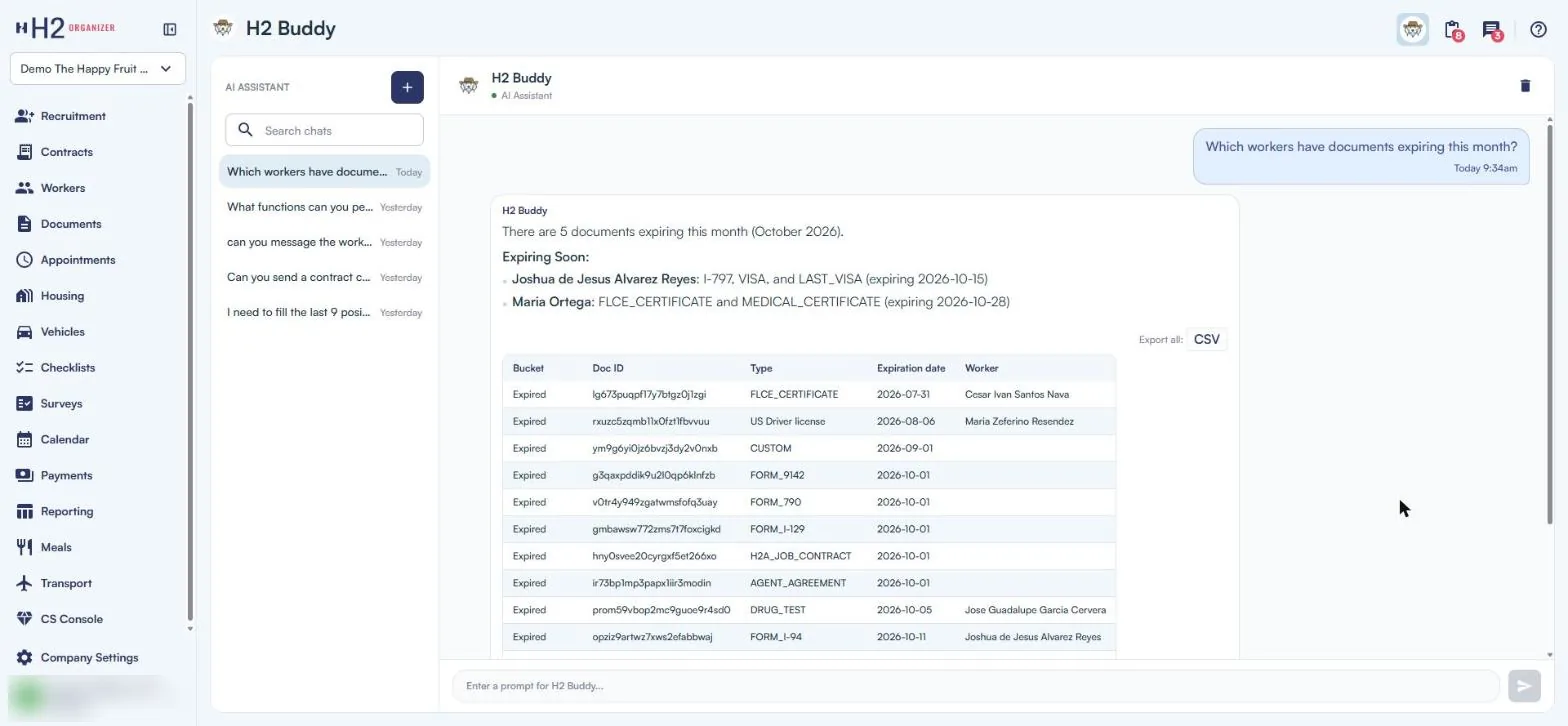 H2 Buddy answering which workers have documents expiring this month