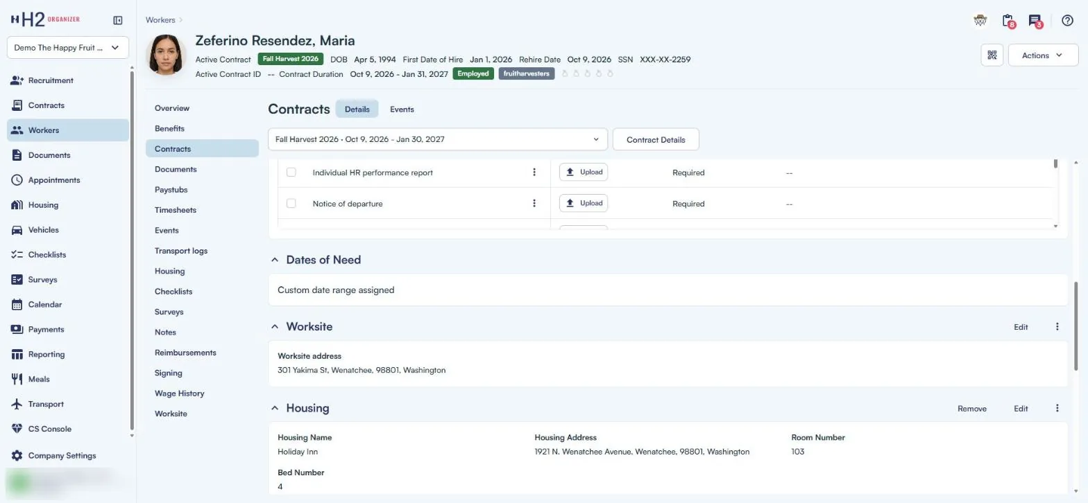 Worker profile in H2 Organizer showing the assigned house, room and bed