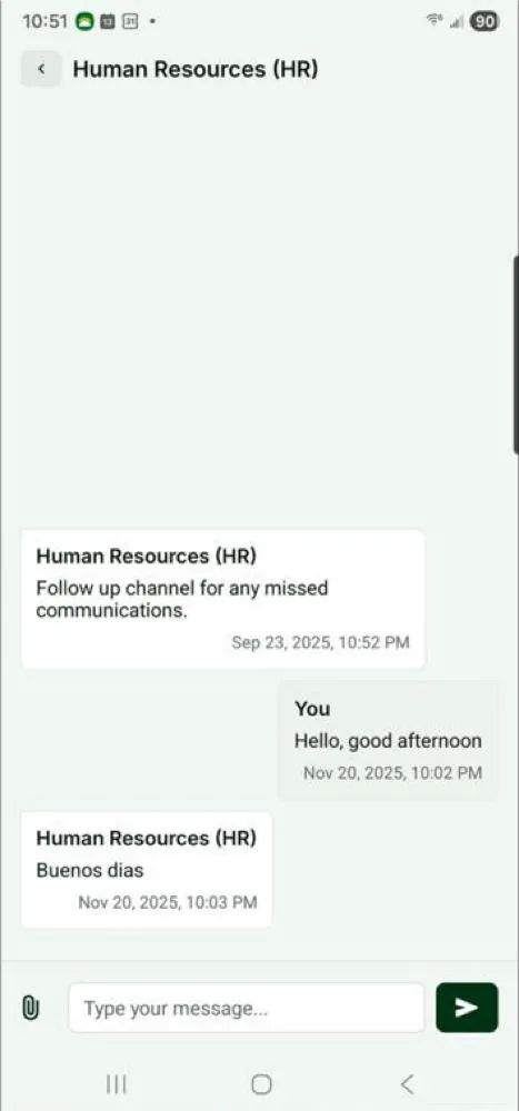 Mi Chamba message thread shown in English