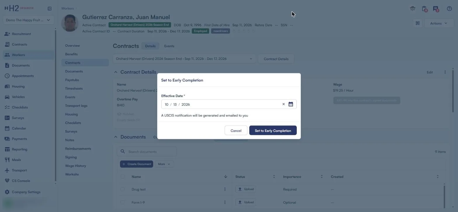 H2 Organizer screen for setting a contract to early completion, with a note that a USCIS notification will be generated