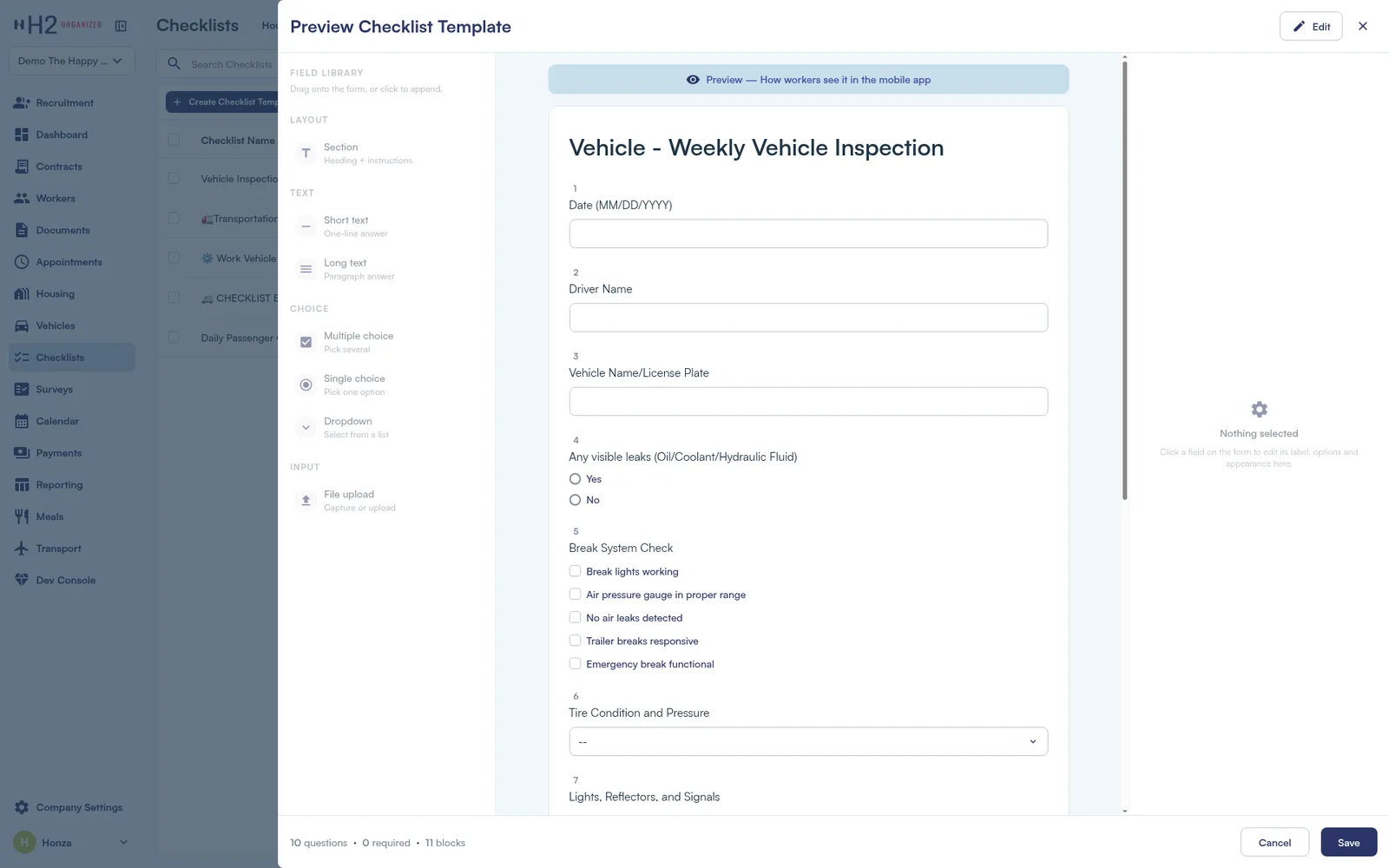 Preview of a weekly vehicle inspection checklist, shown as workers see it in the mobile app