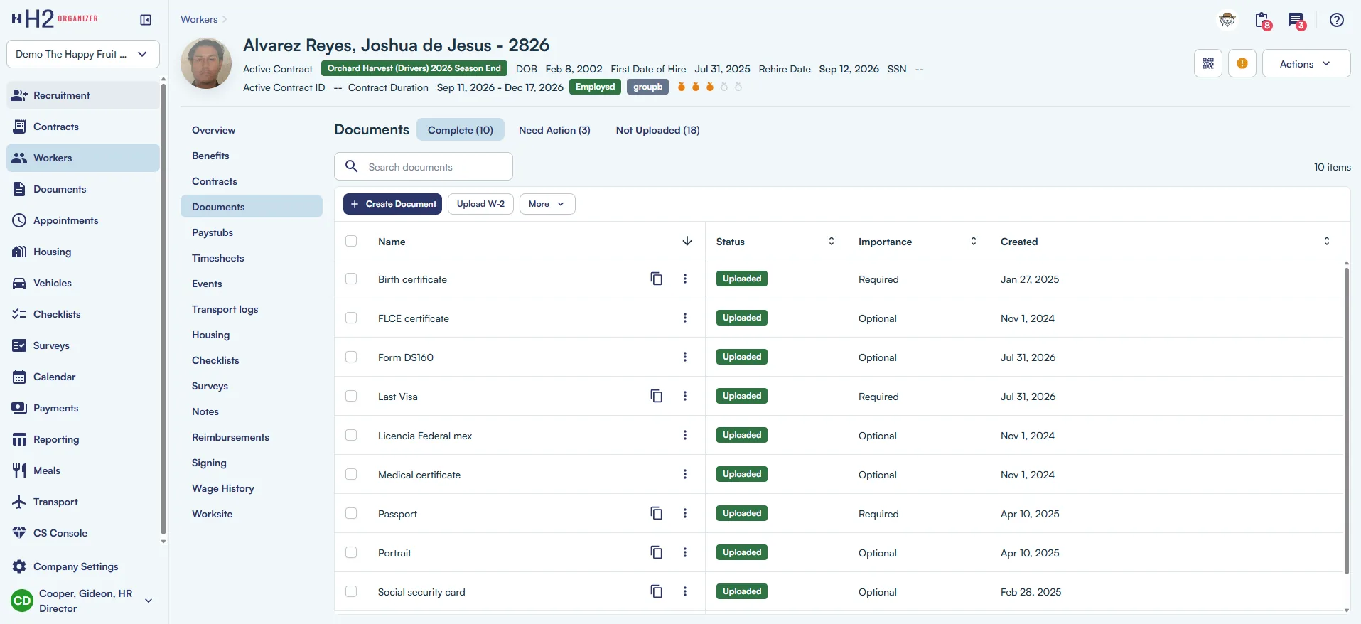 Worker profile Documents tab with 10 documents marked Complete