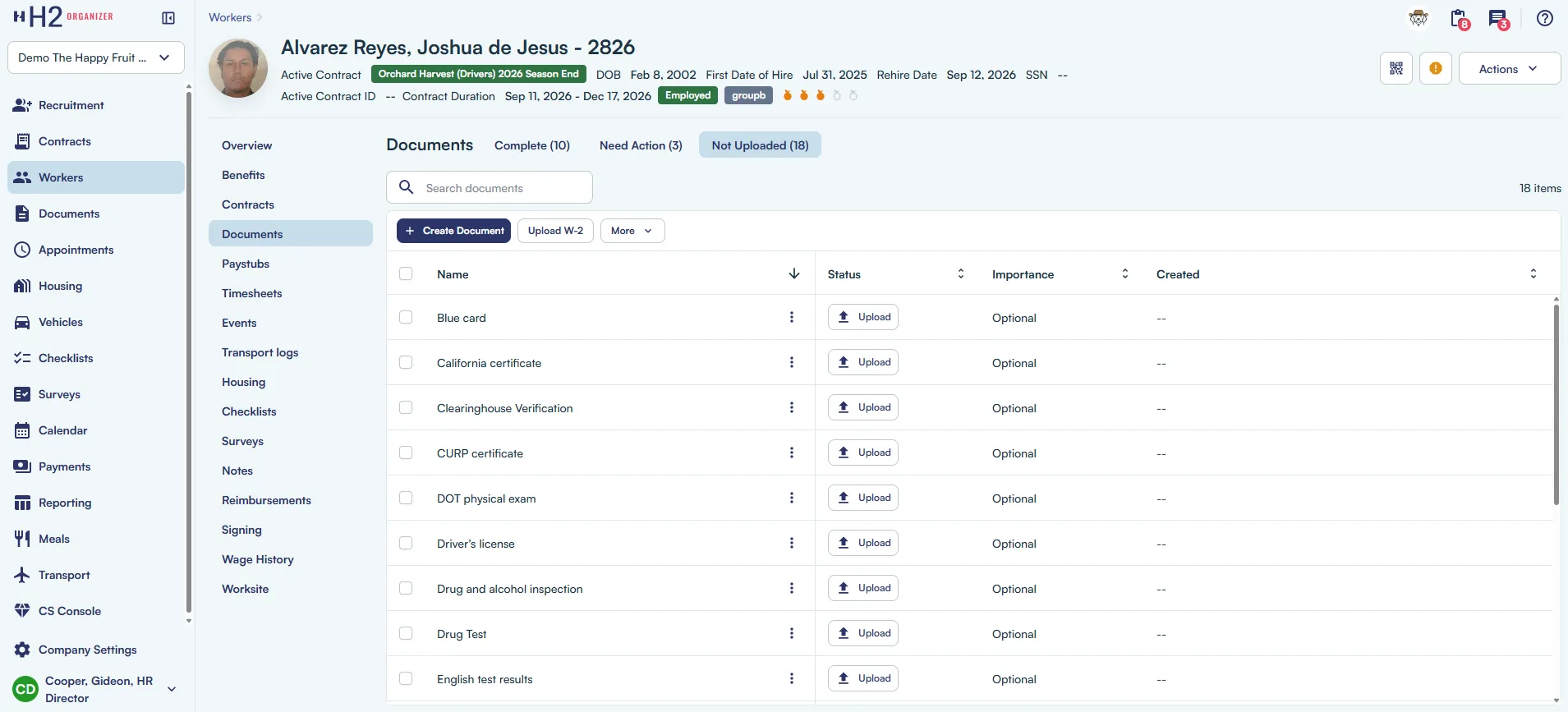 Worker profile Documents tab with 18 documents marked Not Uploaded