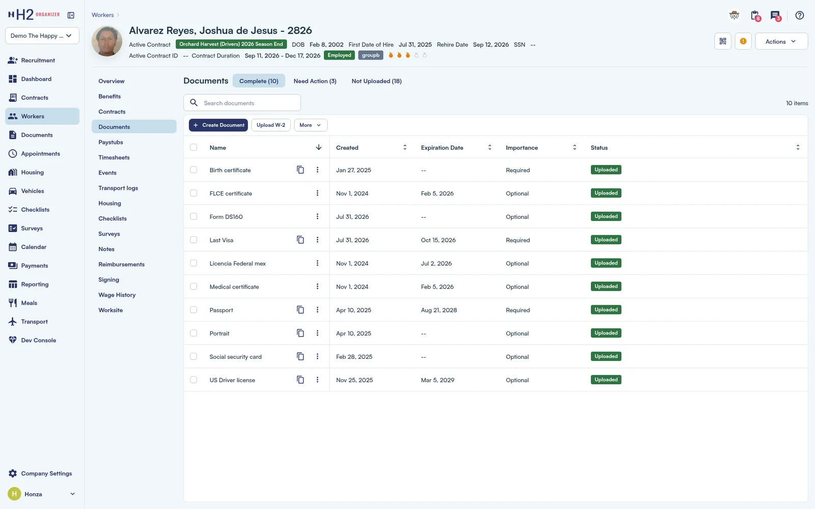 One worker’s Documents tab, including Form DS-160, last visa and passport